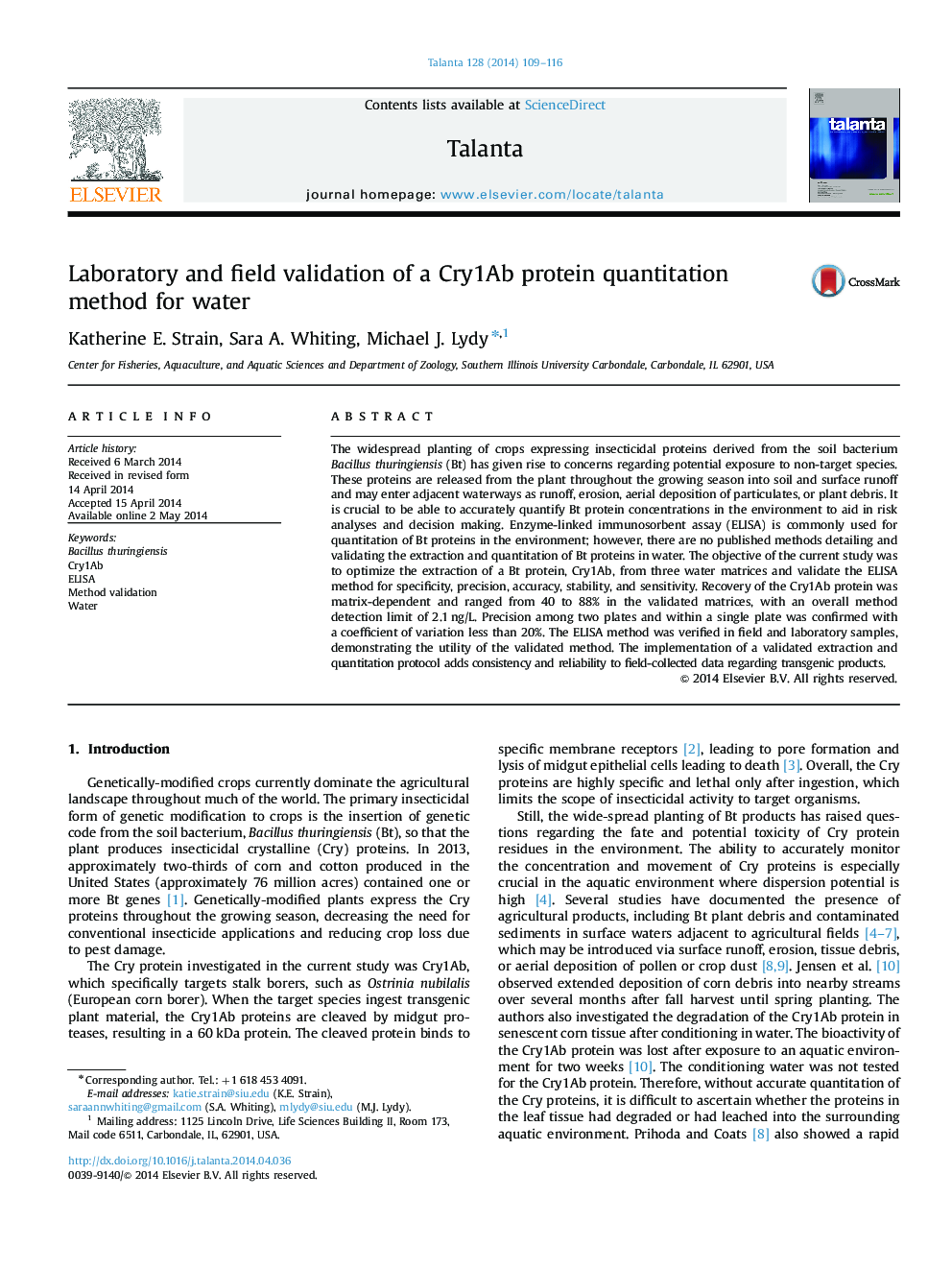 Laboratory and field validation of a Cry1Ab protein quantitation method for water