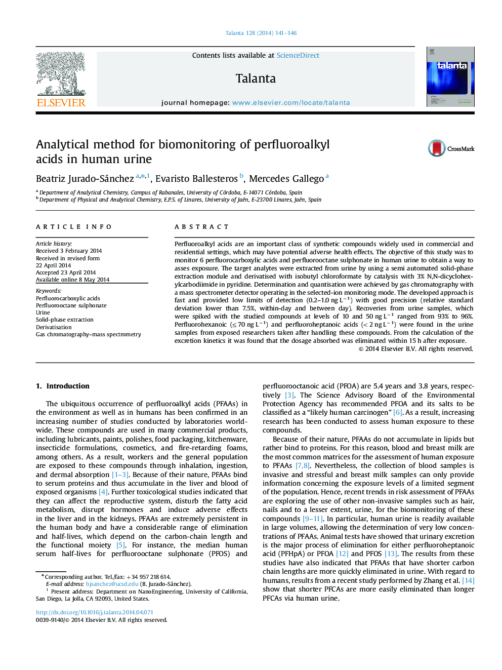 Analytical method for biomonitoring of perfluoroalkyl acids in human urine