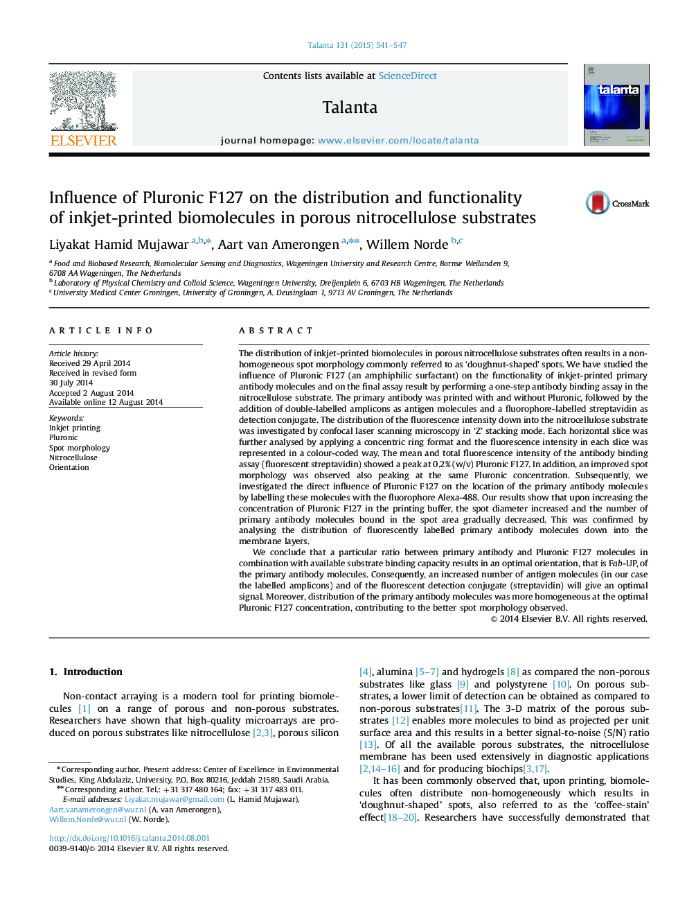 Influence of Pluronic F127 on the distribution and functionality of inkjet-printed biomolecules in porous nitrocellulose substrates