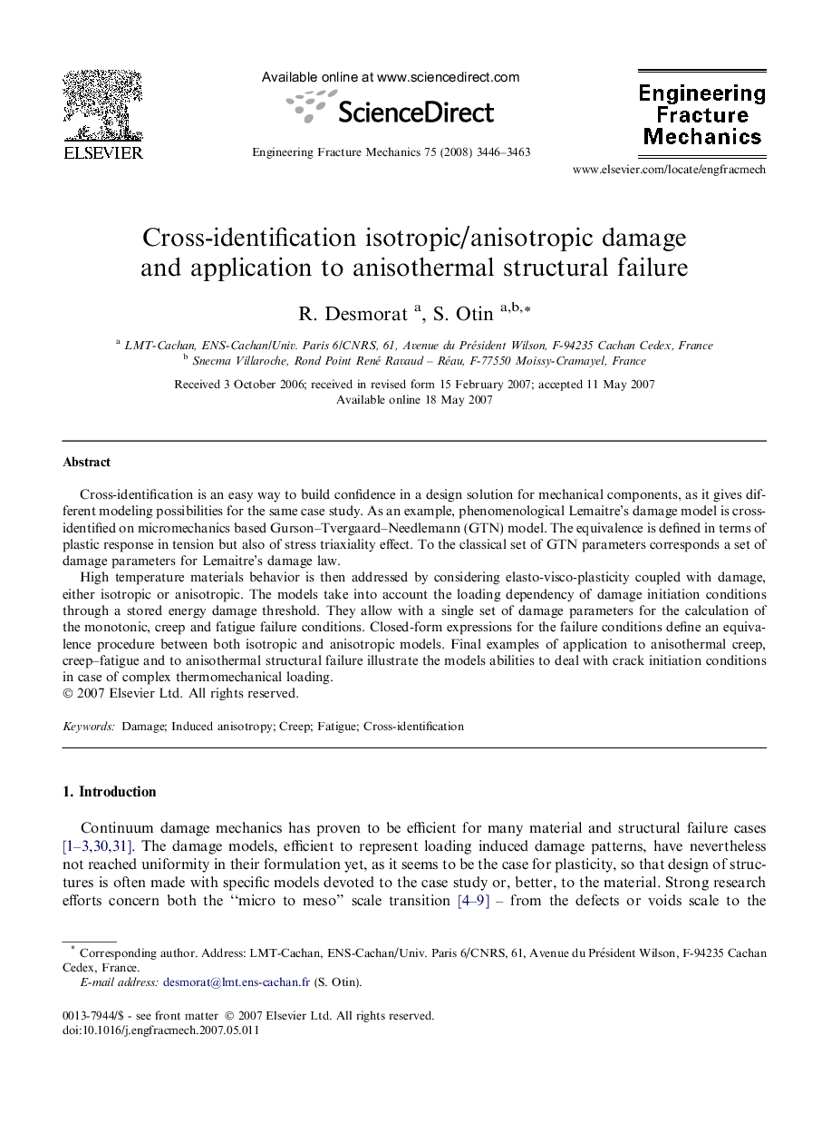 Cross-identification isotropic/anisotropic damage and application to anisothermal structural failure