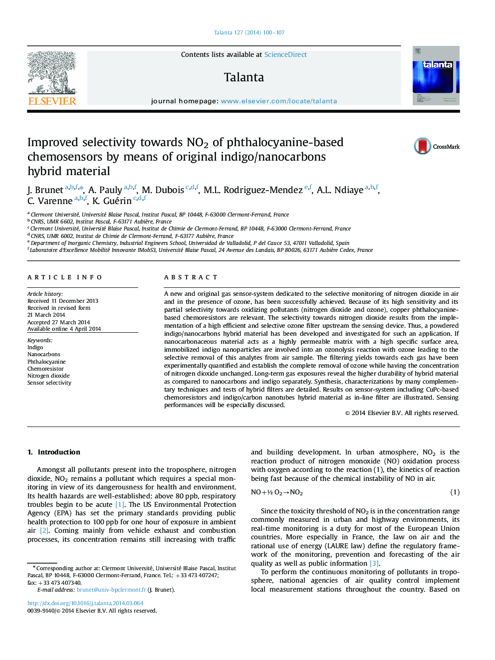 Improved selectivity towards NO2 of phthalocyanine-based chemosensors by means of original indigo/nanocarbons hybrid material