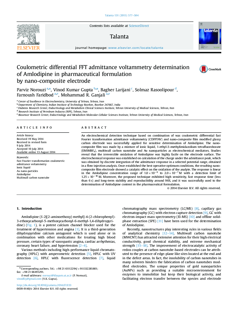 Coulometric differential FFT admittance voltammetry determination of Amlodipine in pharmaceutical formulation by nano-composite electrode