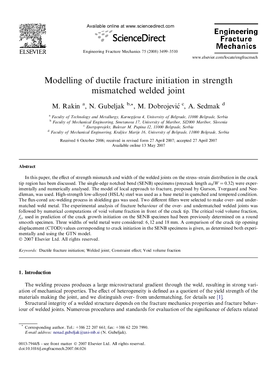 Modelling of ductile fracture initiation in strength mismatched welded joint