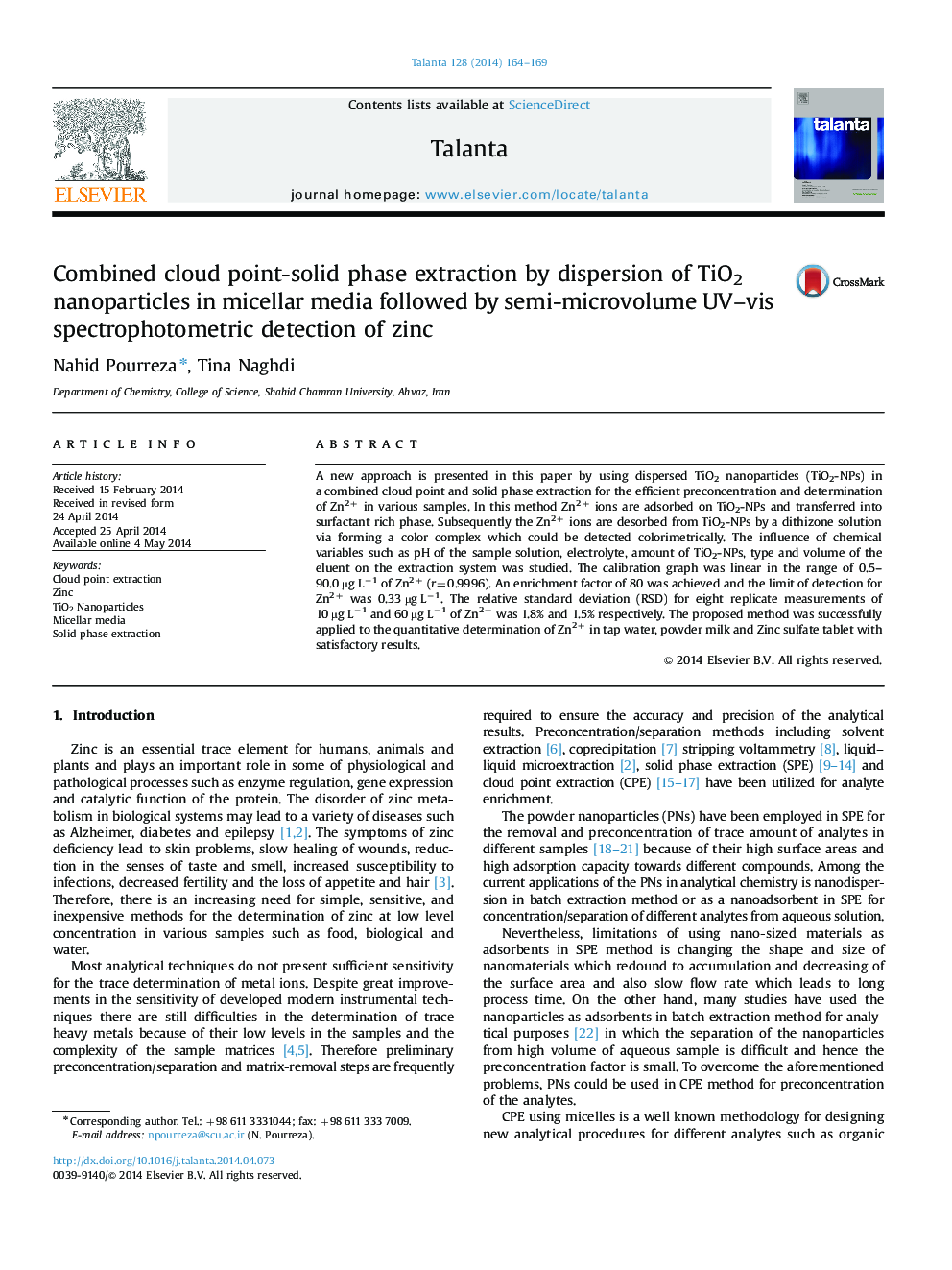 Combined cloud point-solid phase extraction by dispersion of TiO2 nanoparticles in micellar media followed by semi-microvolume UV-vis spectrophotometric detection of zinc