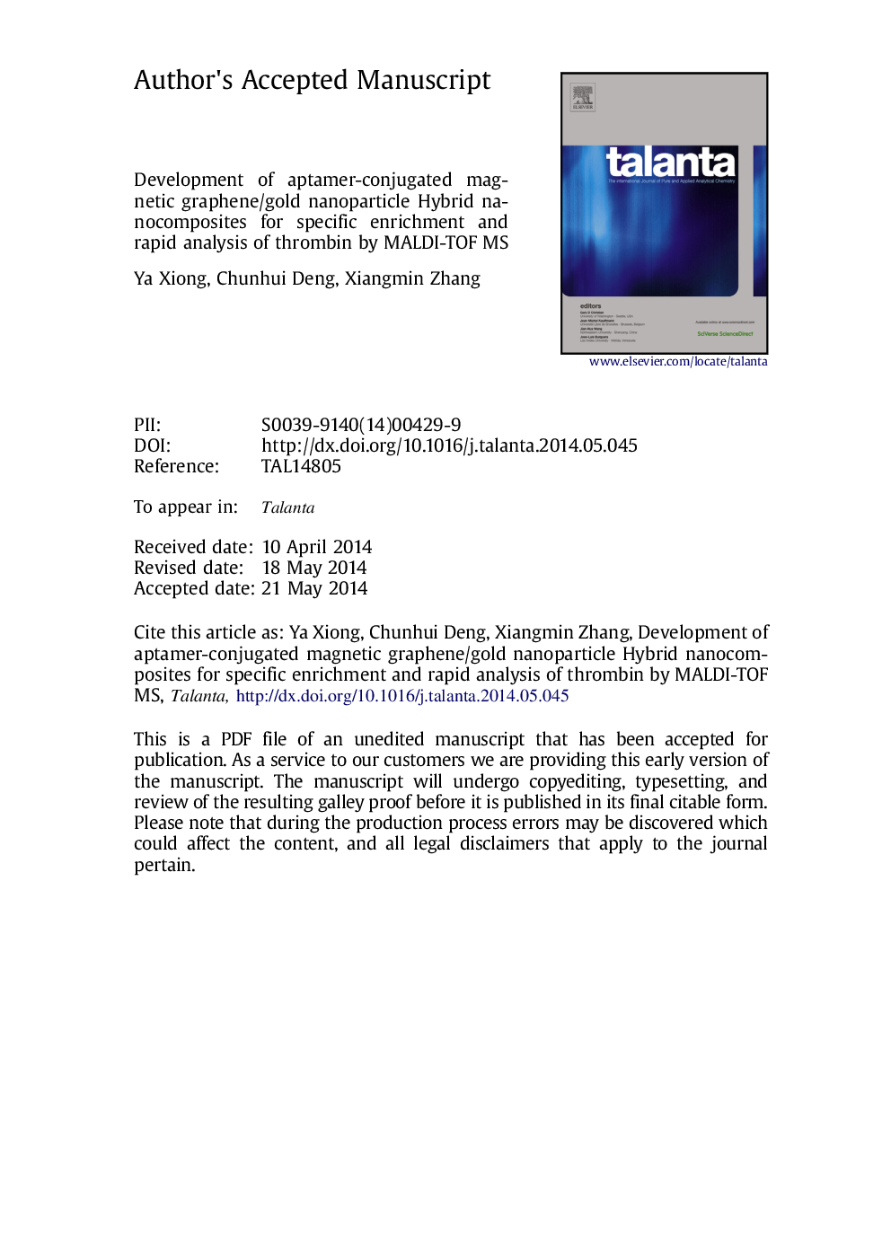 Development of aptamer-conjugated magnetic graphene/gold nanoparticle hybrid nanocomposites for specific enrichment and rapid analysis of thrombin by MALDI-TOF MS