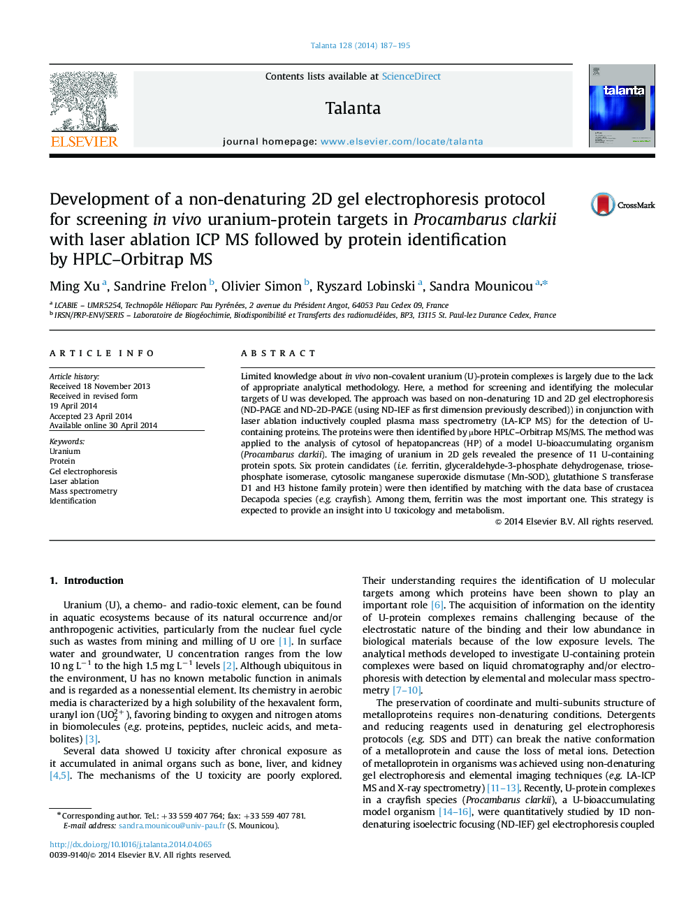 Development of a non-denaturing 2D gel electrophoresis protocol for screening in vivo uranium-protein targets in Procambarus clarkii with laser ablation ICP MS followed by protein identification by HPLC-Orbitrap MS