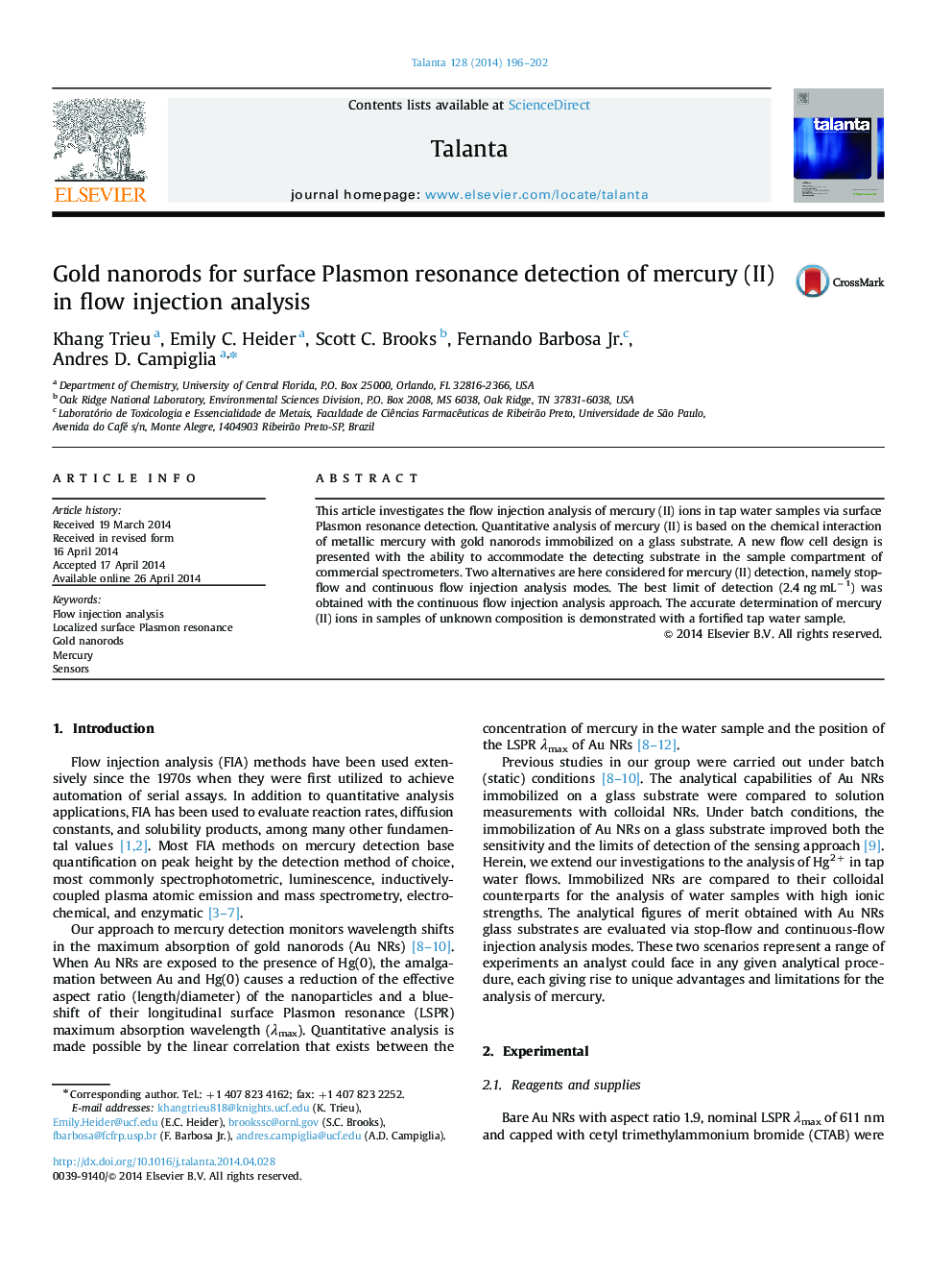 Gold nanorods for surface Plasmon resonance detection of mercury (II) in flow injection analysis