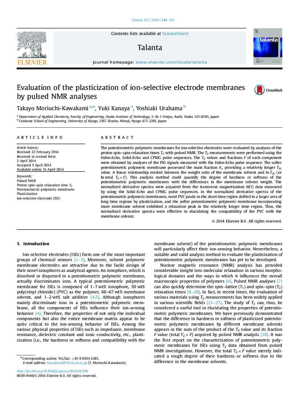 Evaluation of the plasticization of ion-selective electrode membranes by pulsed NMR analyses