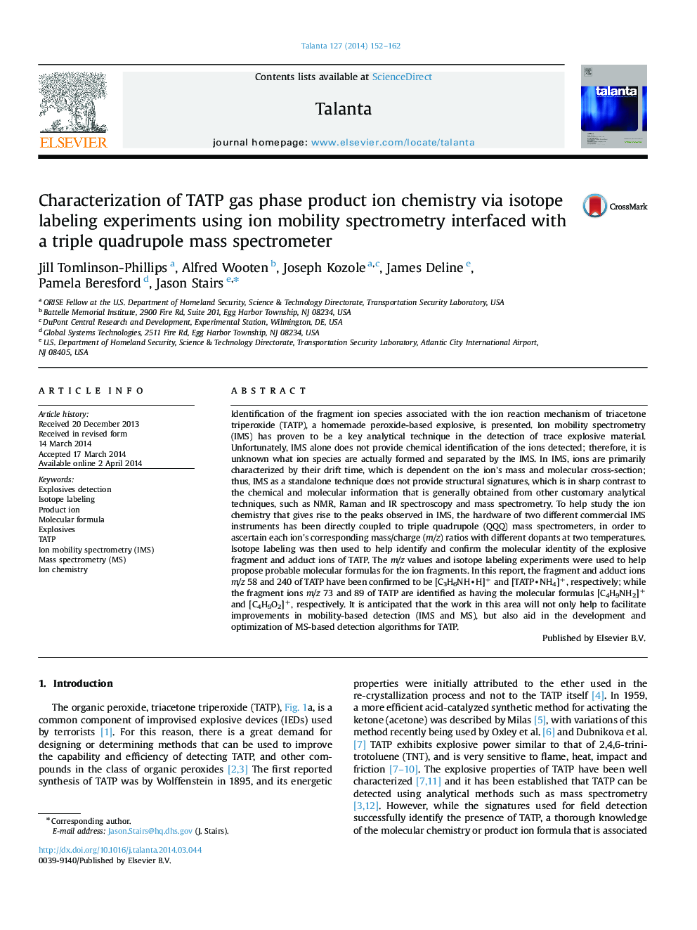Characterization of TATP gas phase product ion chemistry via isotope labeling experiments using ion mobility spectrometry interfaced with a triple quadrupole mass spectrometer
