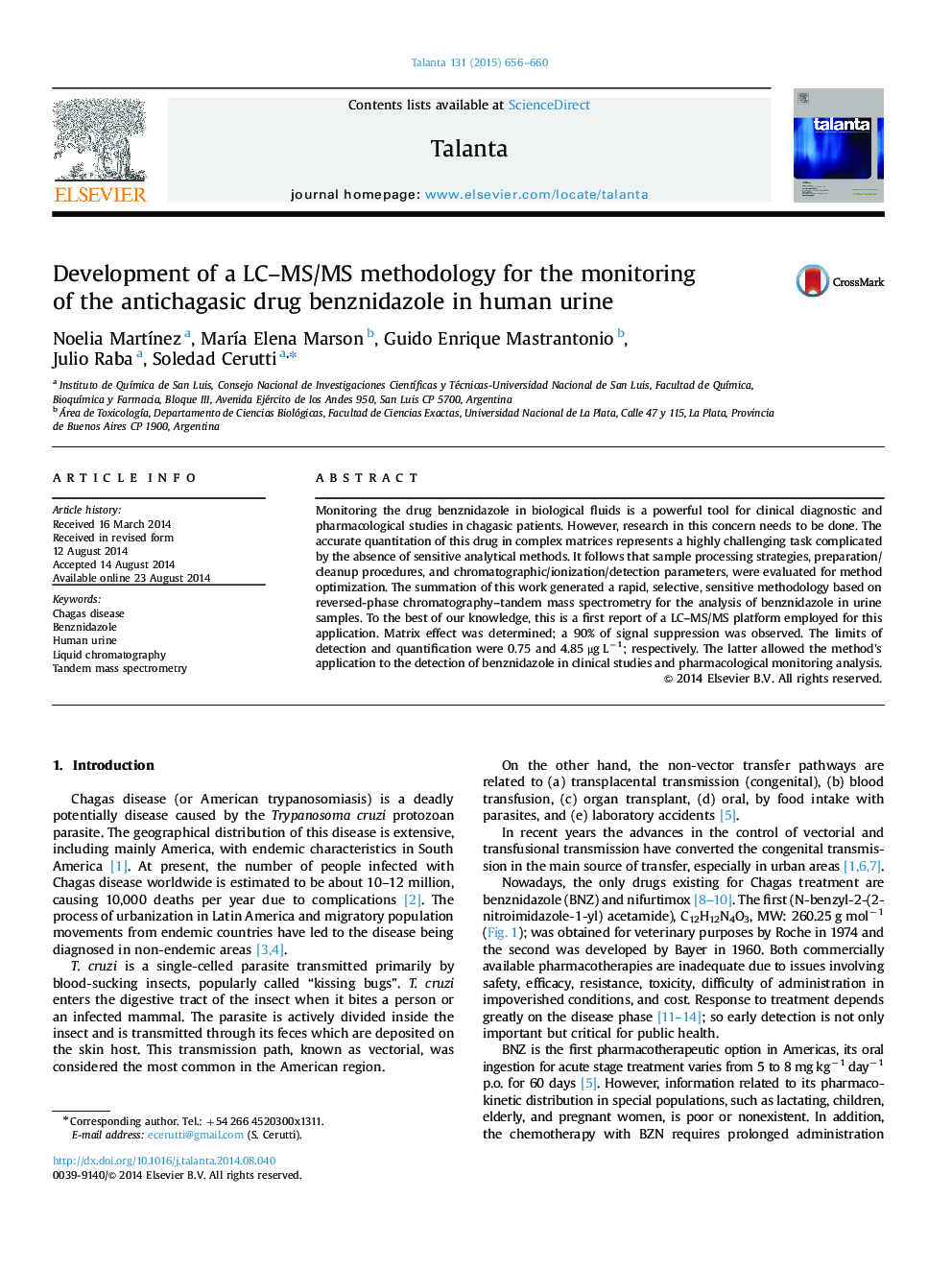 Development of a LC-MS/MS methodology for the monitoring of the antichagasic drug benznidazole in human urine