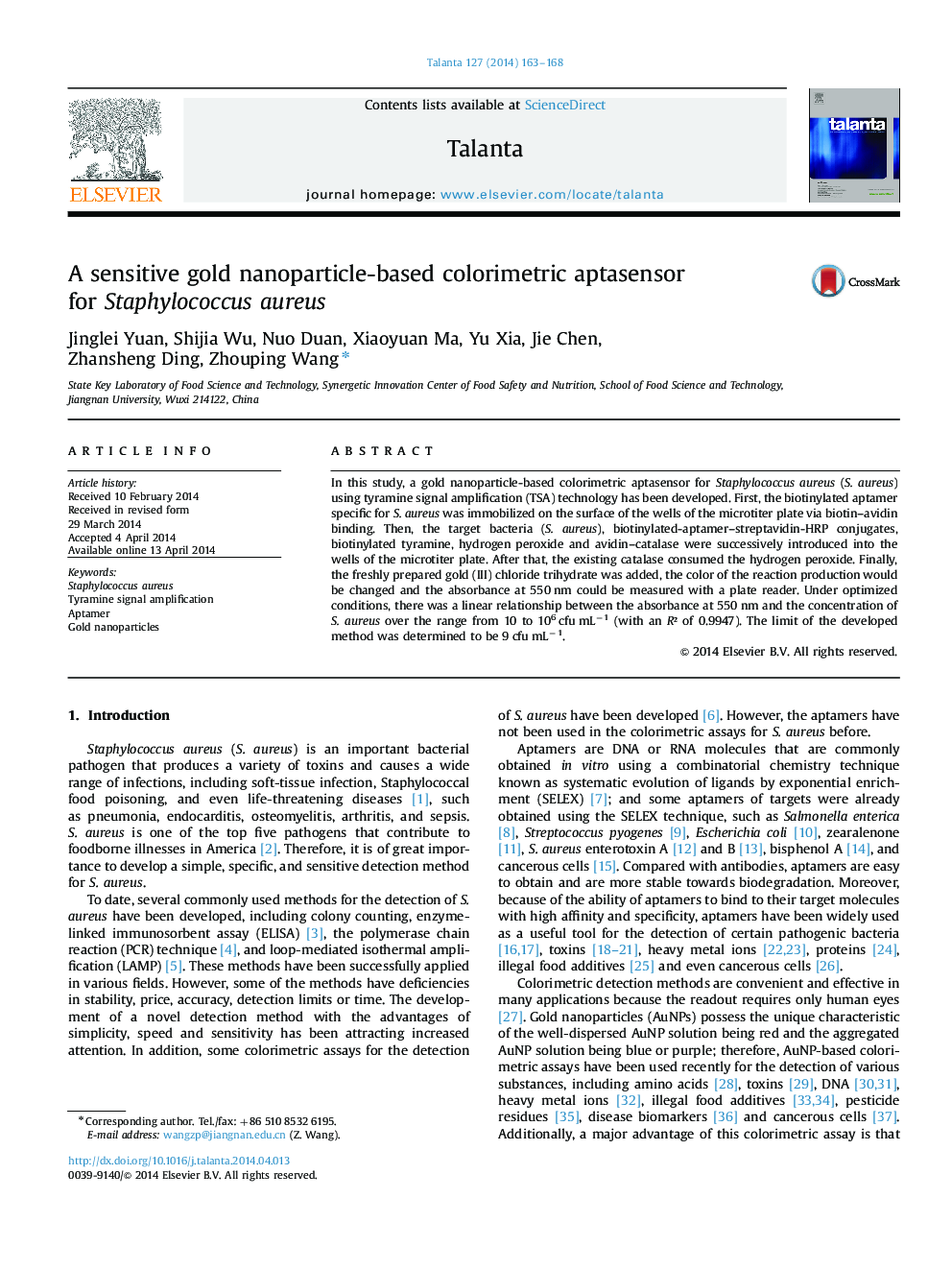 A sensitive gold nanoparticle-based colorimetric aptasensor for Staphylococcus aureus