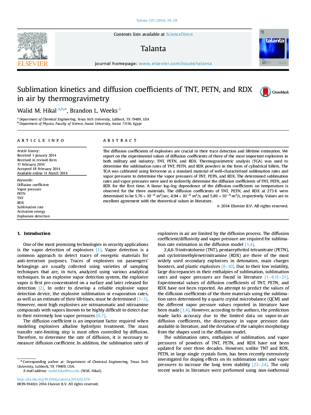 Sublimation kinetics and diffusion coefficients of TNT, PETN, and RDX in air by thermogravimetry