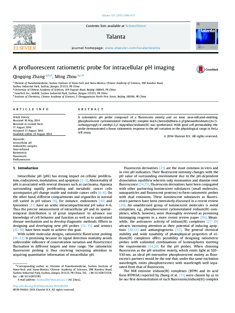 A profluorescent ratiometric probe for intracellular pH imaging