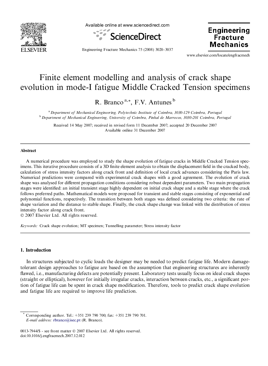 Finite element modelling and analysis of crack shape evolution in mode-I fatigue Middle Cracked Tension specimens