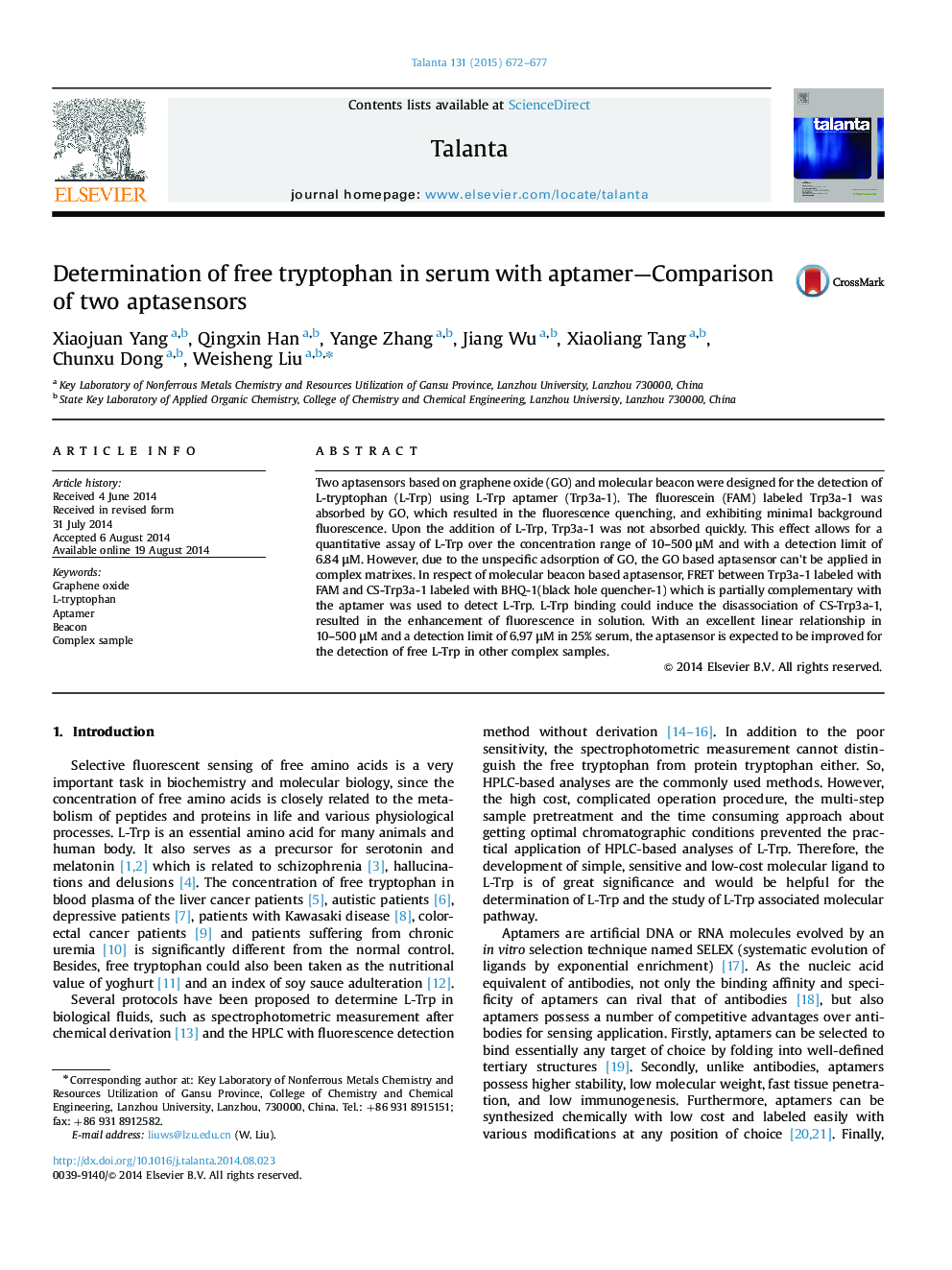 Determination of free tryptophan in serum with aptamer-Comparison of two aptasensors