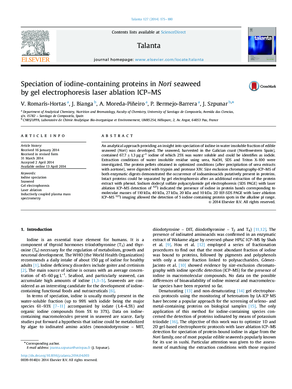 Speciation of iodine-containing proteins in Nori seaweed by gel electrophoresis laser ablation ICP-MS