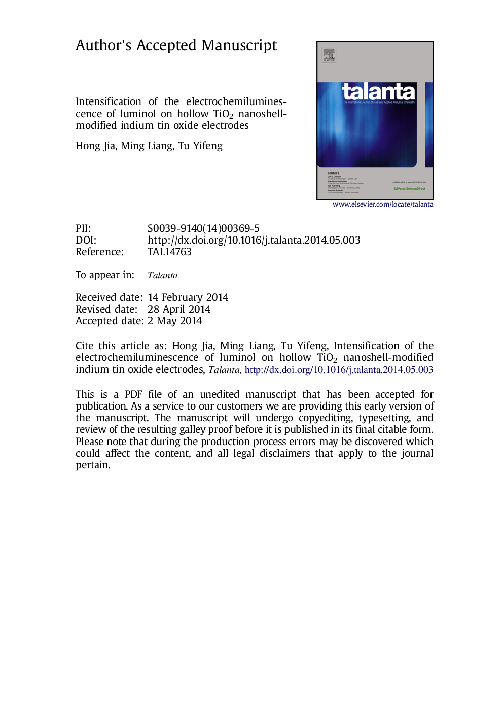 Intensification of the electrochemiluminescence of luminol on hollow TiO2 nanoshell-modified indium tin oxide electrodes