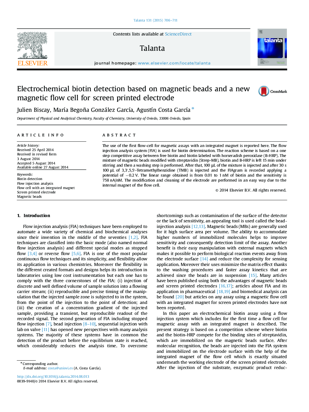 Electrochemical biotin detection based on magnetic beads and a new magnetic flow cell for screen printed electrode