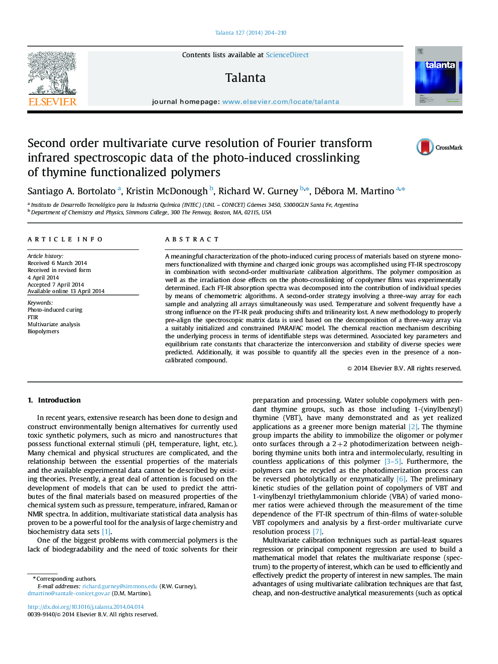 Second order multivariate curve resolution of Fourier transform infrared spectroscopic data of the photo-induced crosslinking of thymine functionalized polymers