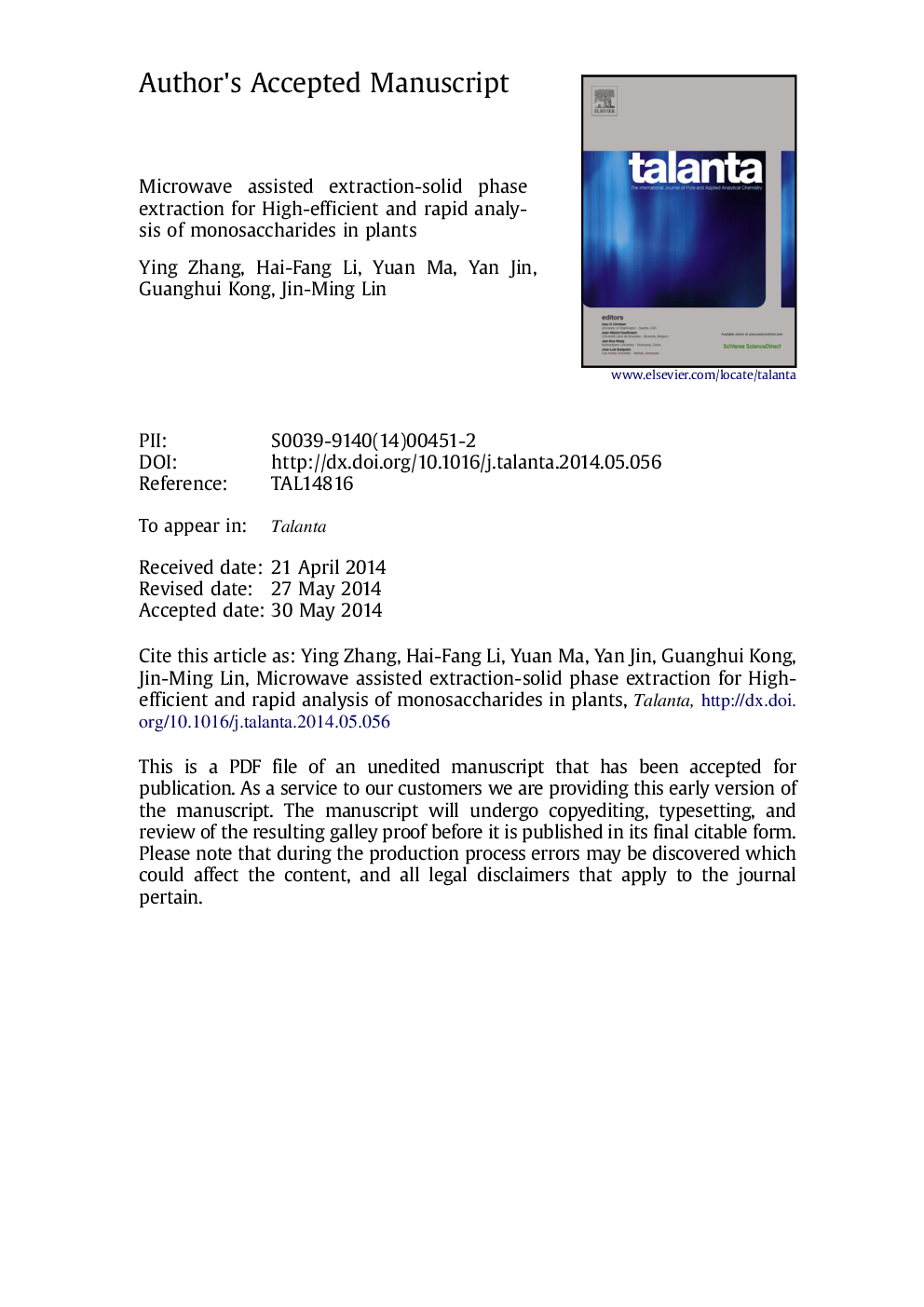 Microwave assisted extraction-solid phase extraction for high-efficient and rapid analysis of monosaccharides in plants