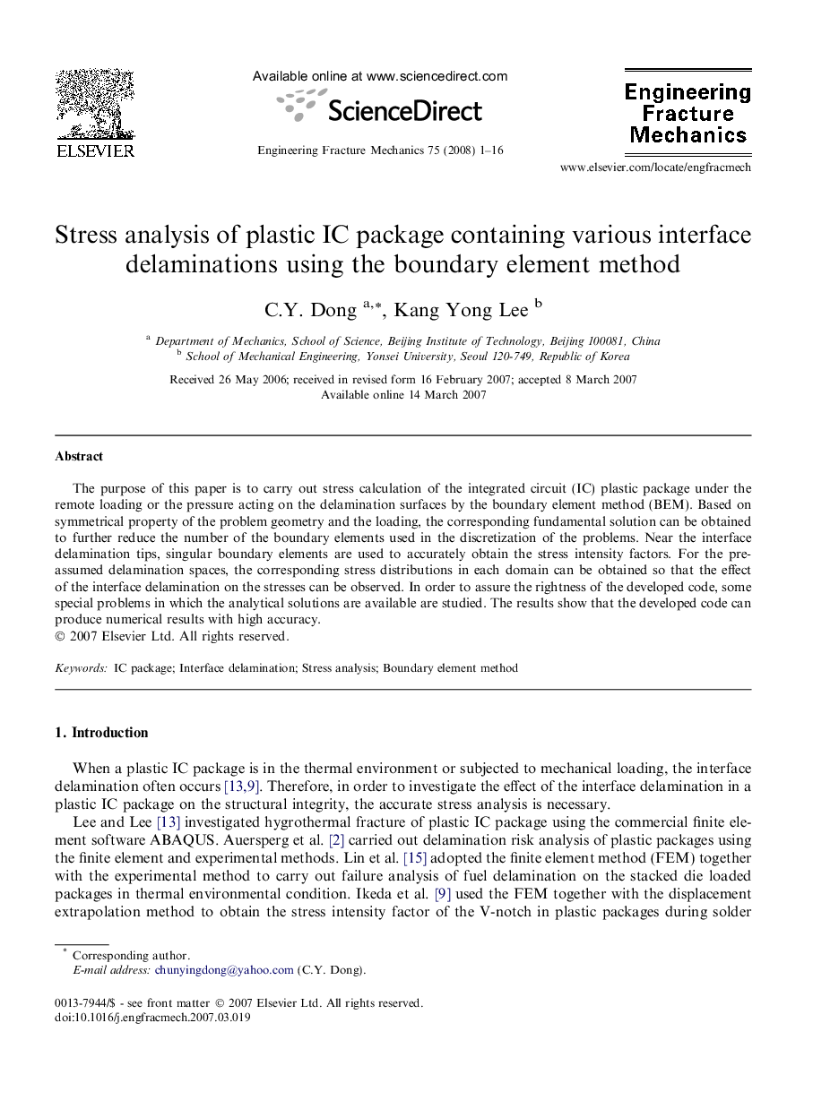 Stress analysis of plastic IC package containing various interface delaminations using the boundary element method