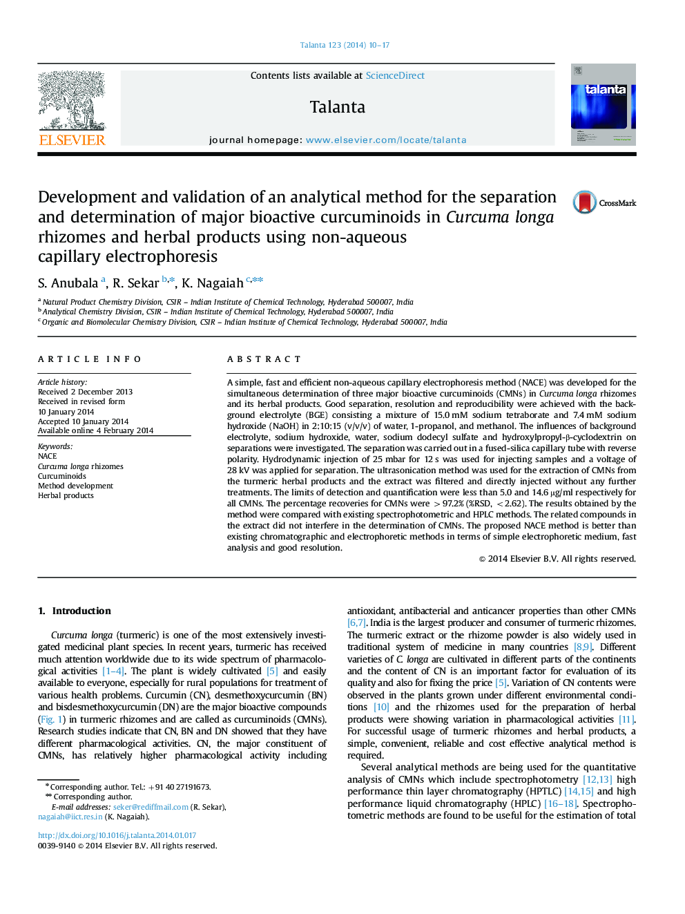 Development and validation of an analytical method for the separation and determination of major bioactive curcuminoids in Curcuma longa rhizomes and herbal products using non-aqueous capillary electrophoresis