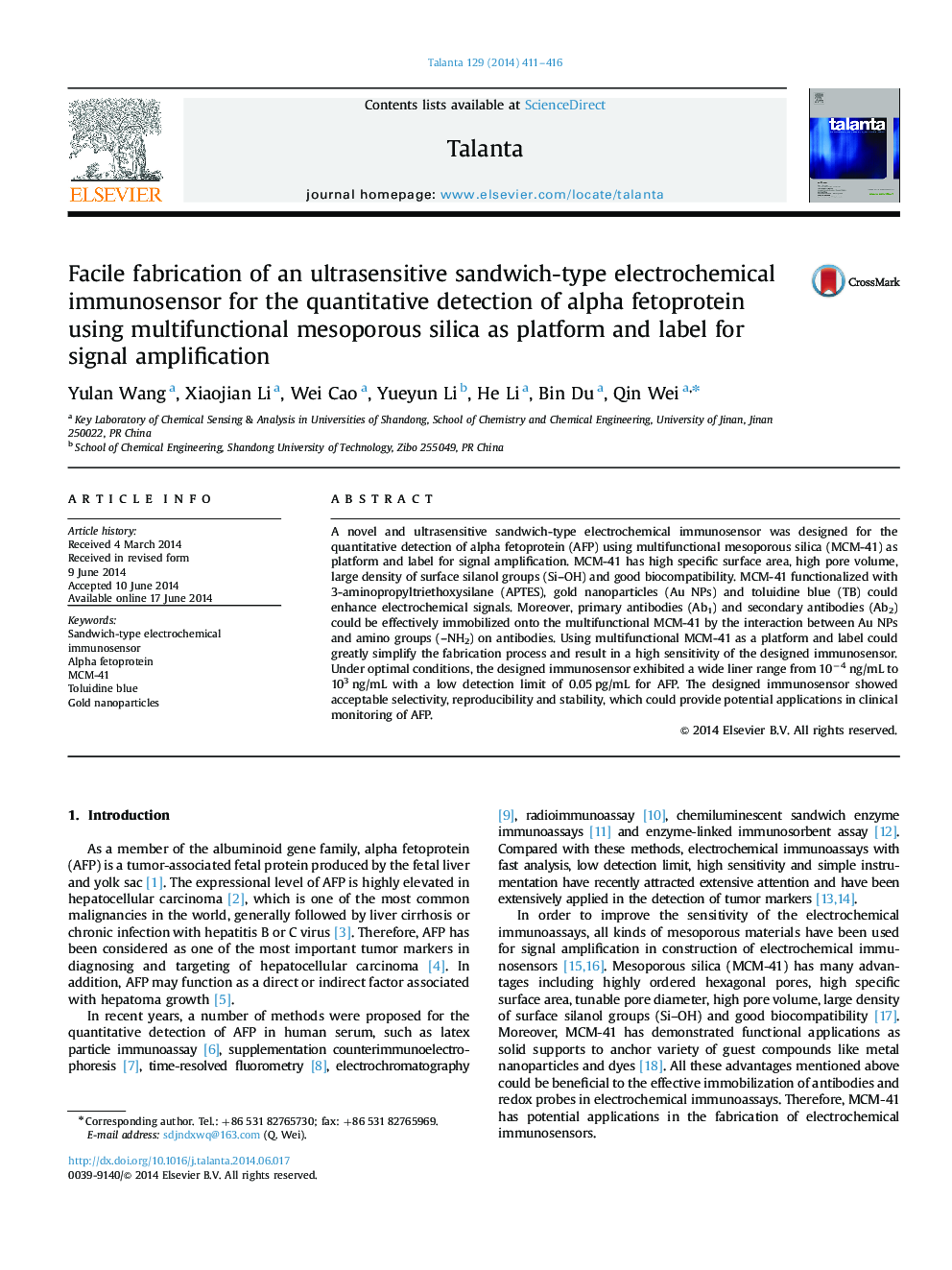 Facile fabrication of an ultrasensitive sandwich-type electrochemical immunosensor for the quantitative detection of alpha fetoprotein using multifunctional mesoporous silica as platform and label for signal amplification