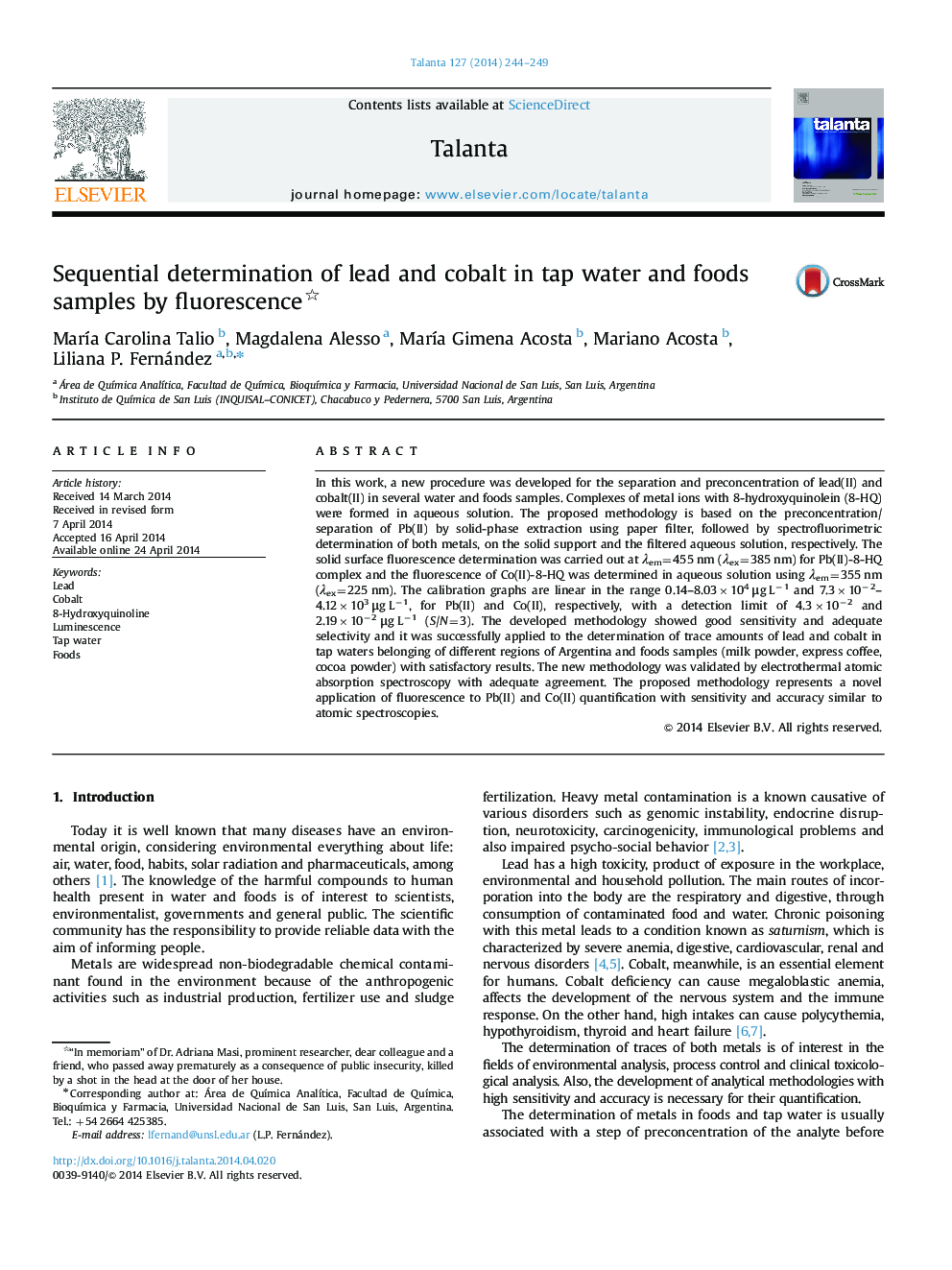 Sequential determination of lead and cobalt in tap water and foods samples by fluorescence