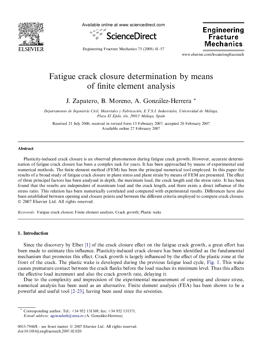 Fatigue crack closure determination by means of finite element analysis