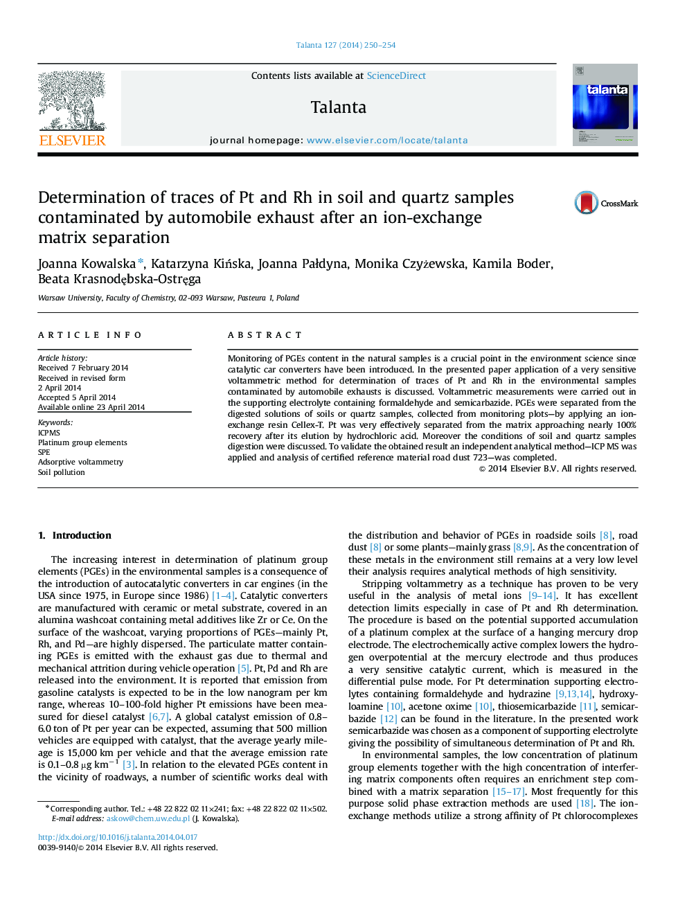 Determination of traces of Pt and Rh in soil and quartz samples contaminated by automobile exhaust after an ion-exchange matrix separation