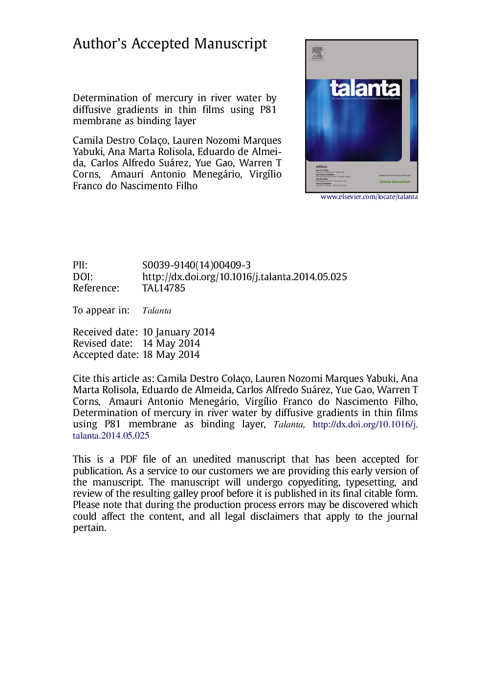 Determination of mercury in river water by diffusive gradients in thin films using P81 membrane as binding layer