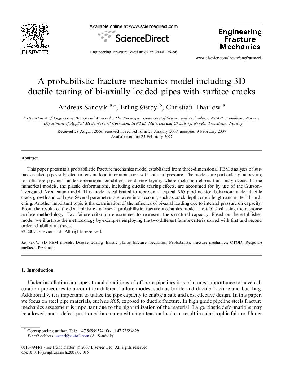 A probabilistic fracture mechanics model including 3D ductile tearing of bi-axially loaded pipes with surface cracks