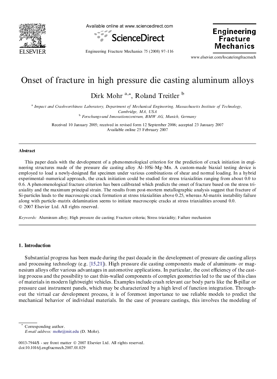 Onset of fracture in high pressure die casting aluminum alloys