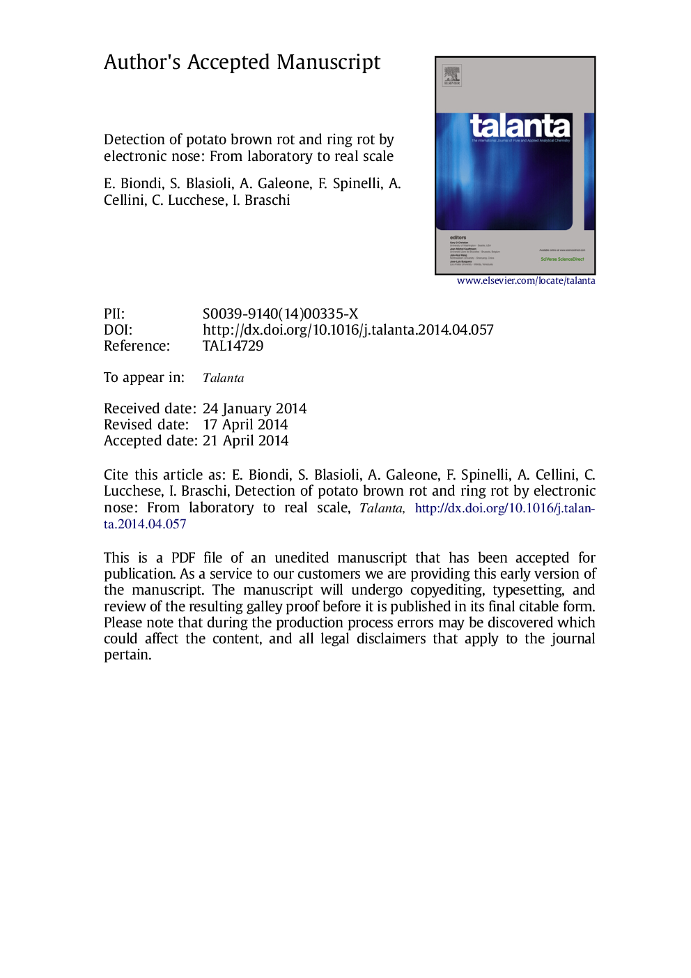 Detection of potato brown rot and ring rot by electronic nose: From laboratory to real scale