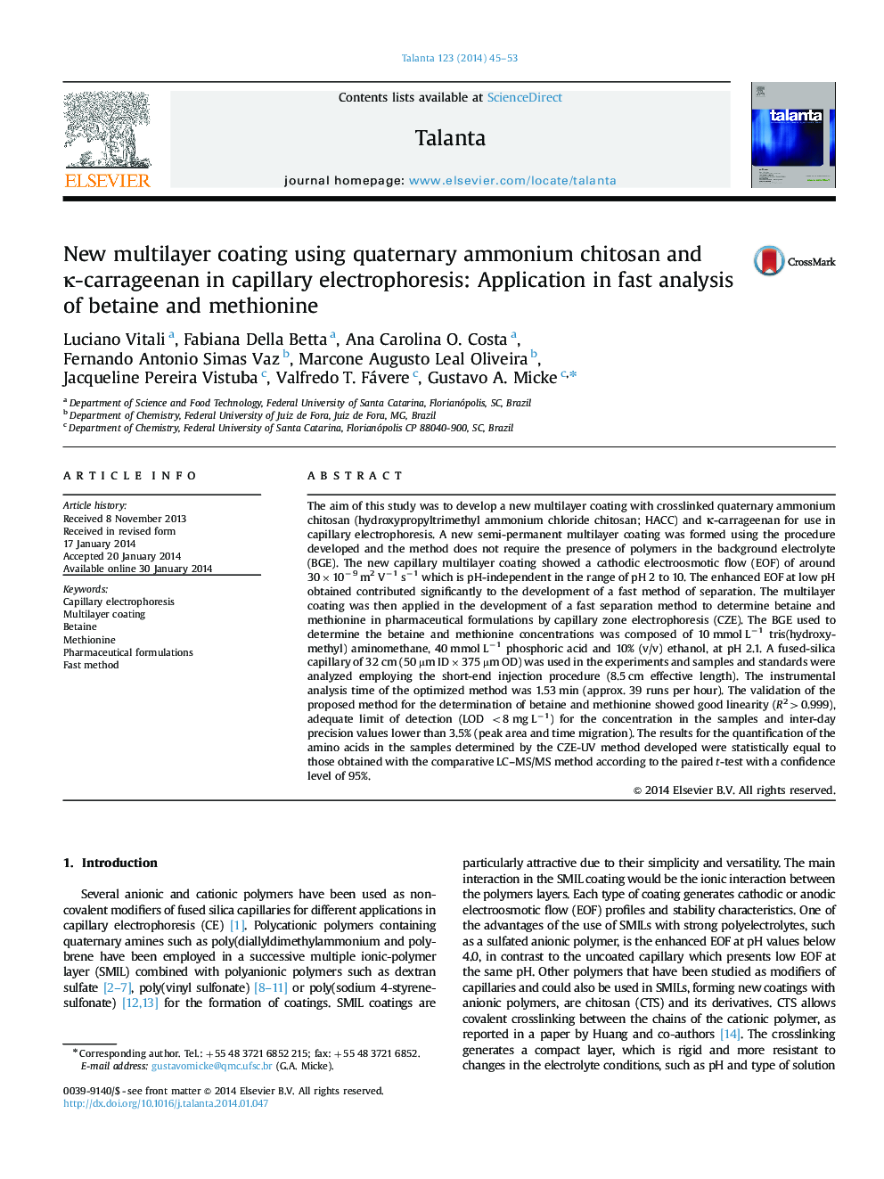 New multilayer coating using quaternary ammonium chitosan and Îº-carrageenan in capillary electrophoresis: Application in fast analysis of betaine and methionine