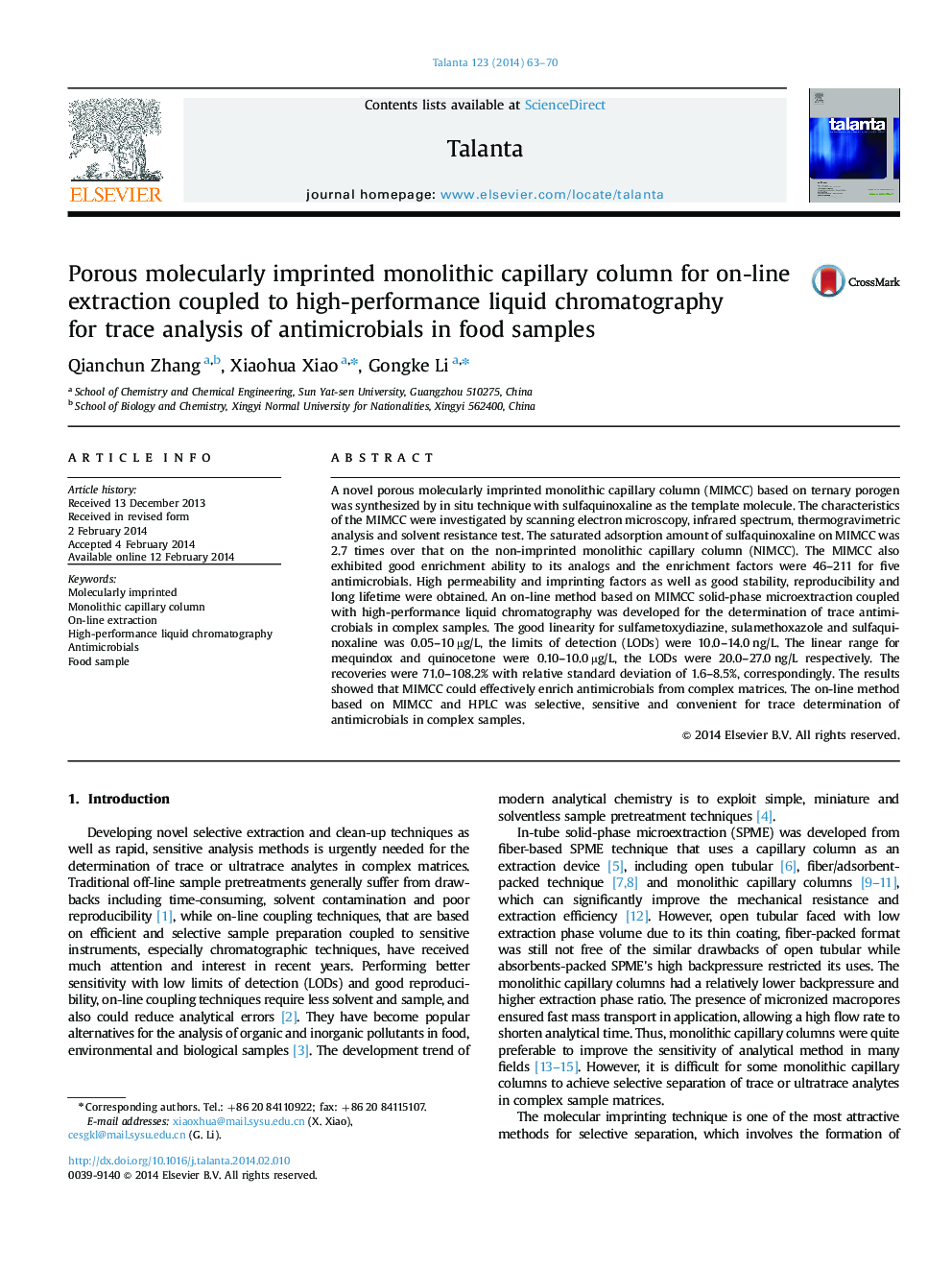 Porous molecularly imprinted monolithic capillary column for on-line extraction coupled to high-performance liquid chromatography for trace analysis of antimicrobials in food samples