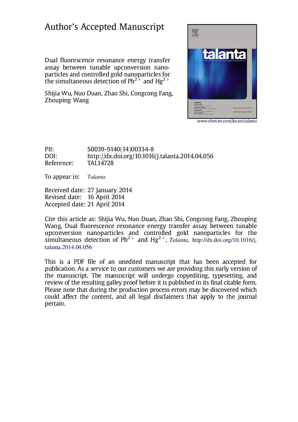 Dual fluorescence resonance energy transfer assay between tunable upconversion nanoparticles and controlled gold nanoparticles for the simultaneous detection of Pb2+ and Hg2+