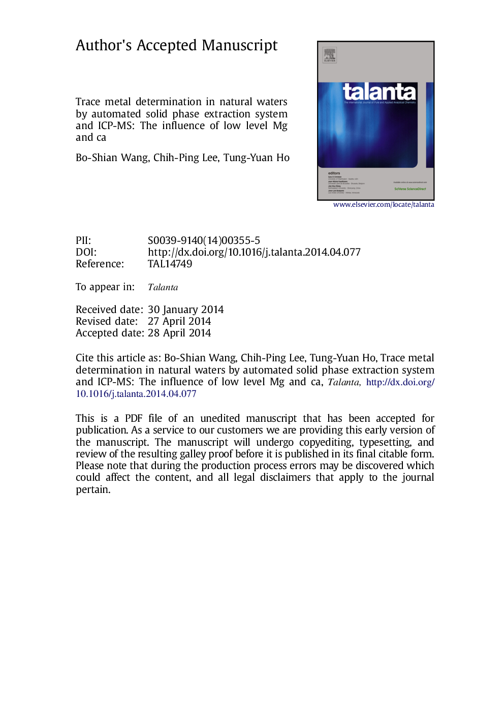 Trace metal determination in natural waters by automated solid phase extraction system and ICP-MS: The influence of low level Mg and Ca