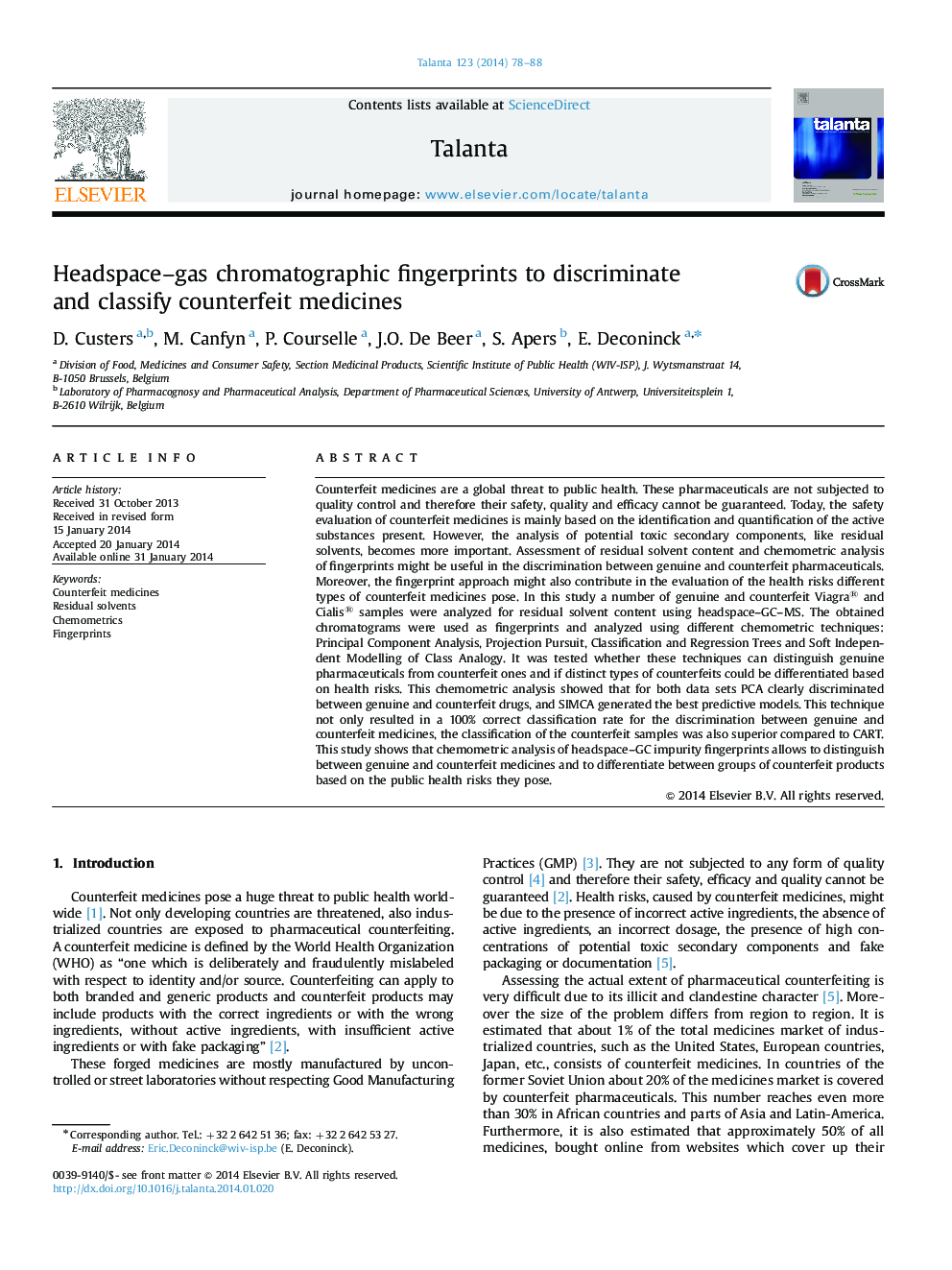 Headspace-gas chromatographic fingerprints to discriminate and classify counterfeit medicines