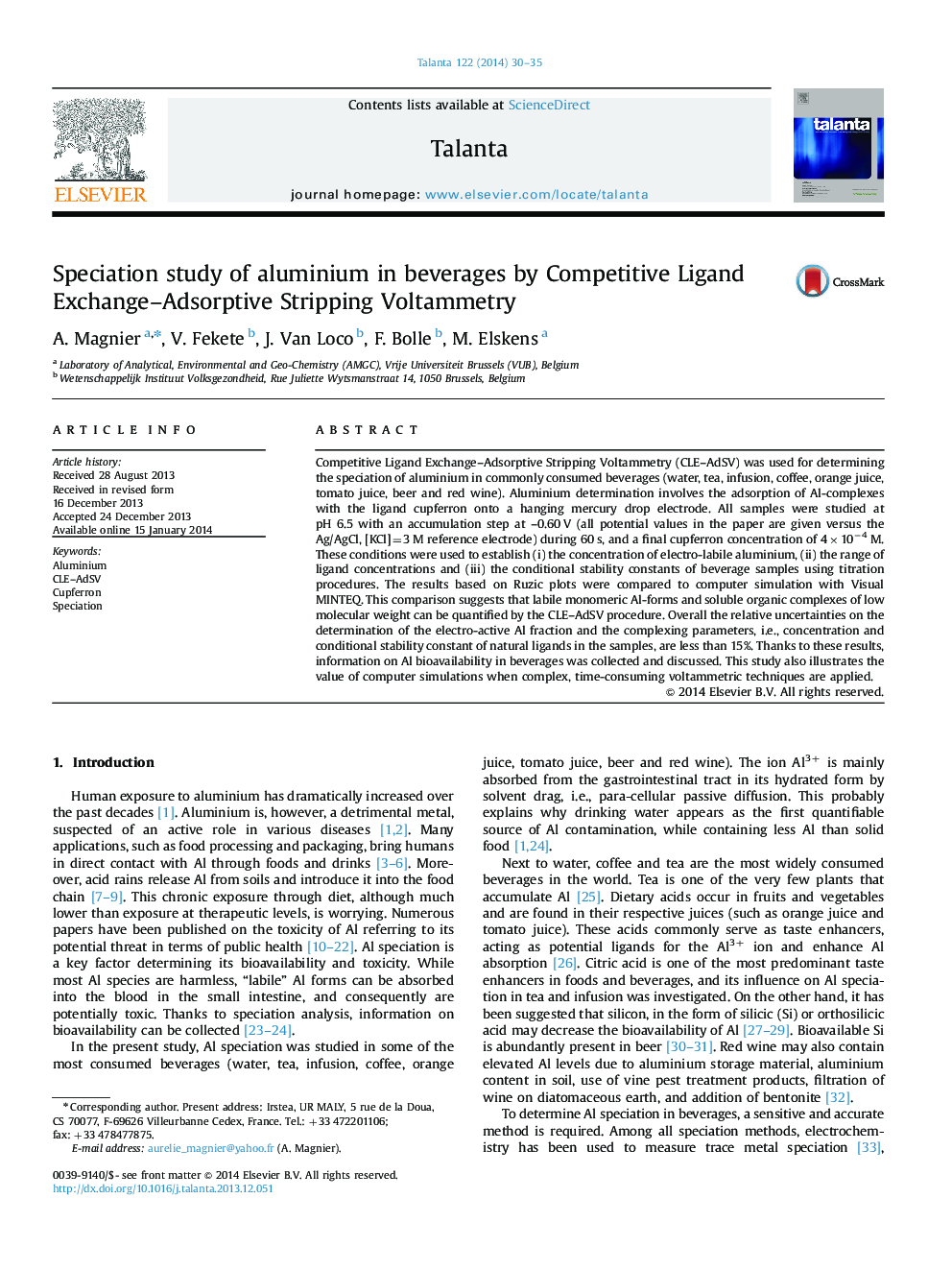 Speciation study of aluminium in beverages by Competitive Ligand Exchange-Adsorptive Stripping Voltammetry