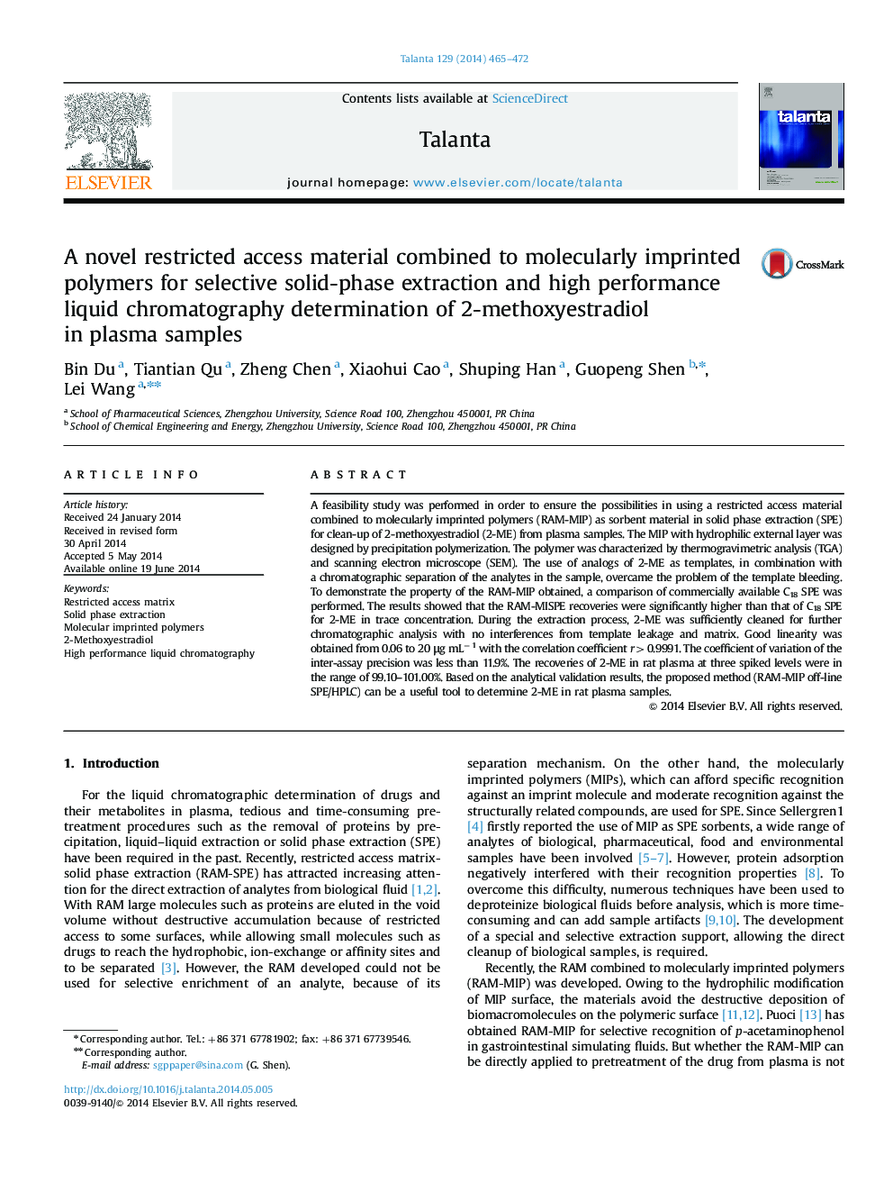 A novel restricted access material combined to molecularly imprinted polymers for selective solid-phase extraction and high performance liquid chromatography determination of 2-methoxyestradiol in plasma samples