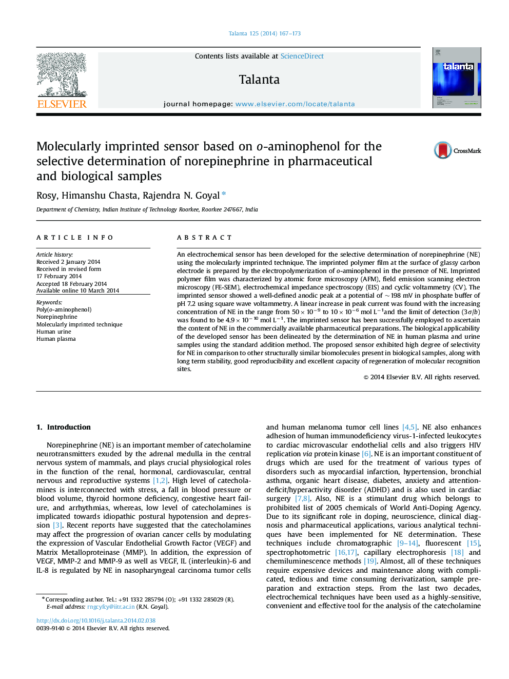 Molecularly imprinted sensor based on o-aminophenol for the selective determination of norepinephrine in pharmaceutical and biological samples