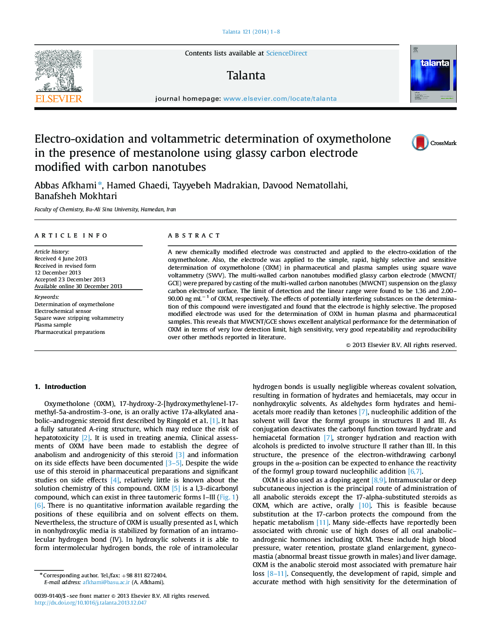 Electro-oxidation and voltammetric determination of oxymetholone in the presence of mestanolone using glassy carbon electrode modified with carbon nanotubes