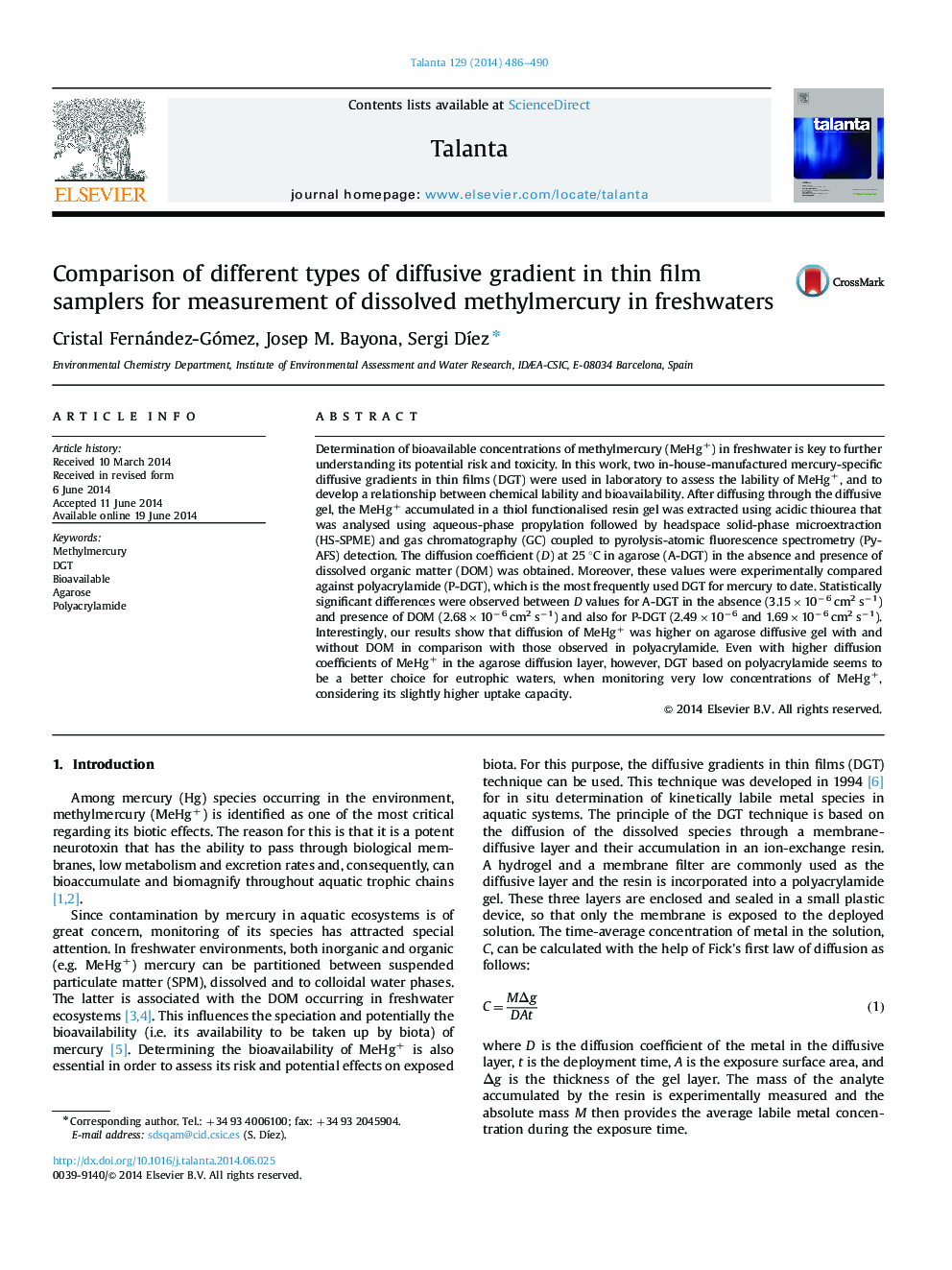 Comparison of different types of diffusive gradient in thin film samplers for measurement of dissolved methylmercury in freshwaters