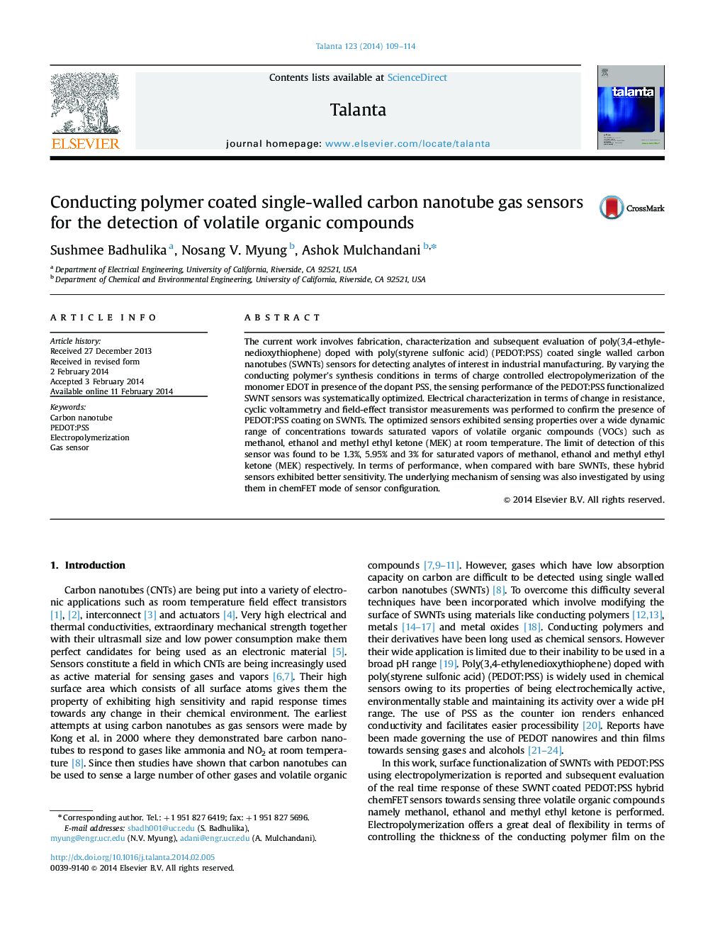 Conducting polymer coated single-walled carbon nanotube gas sensors for the detection of volatile organic compounds