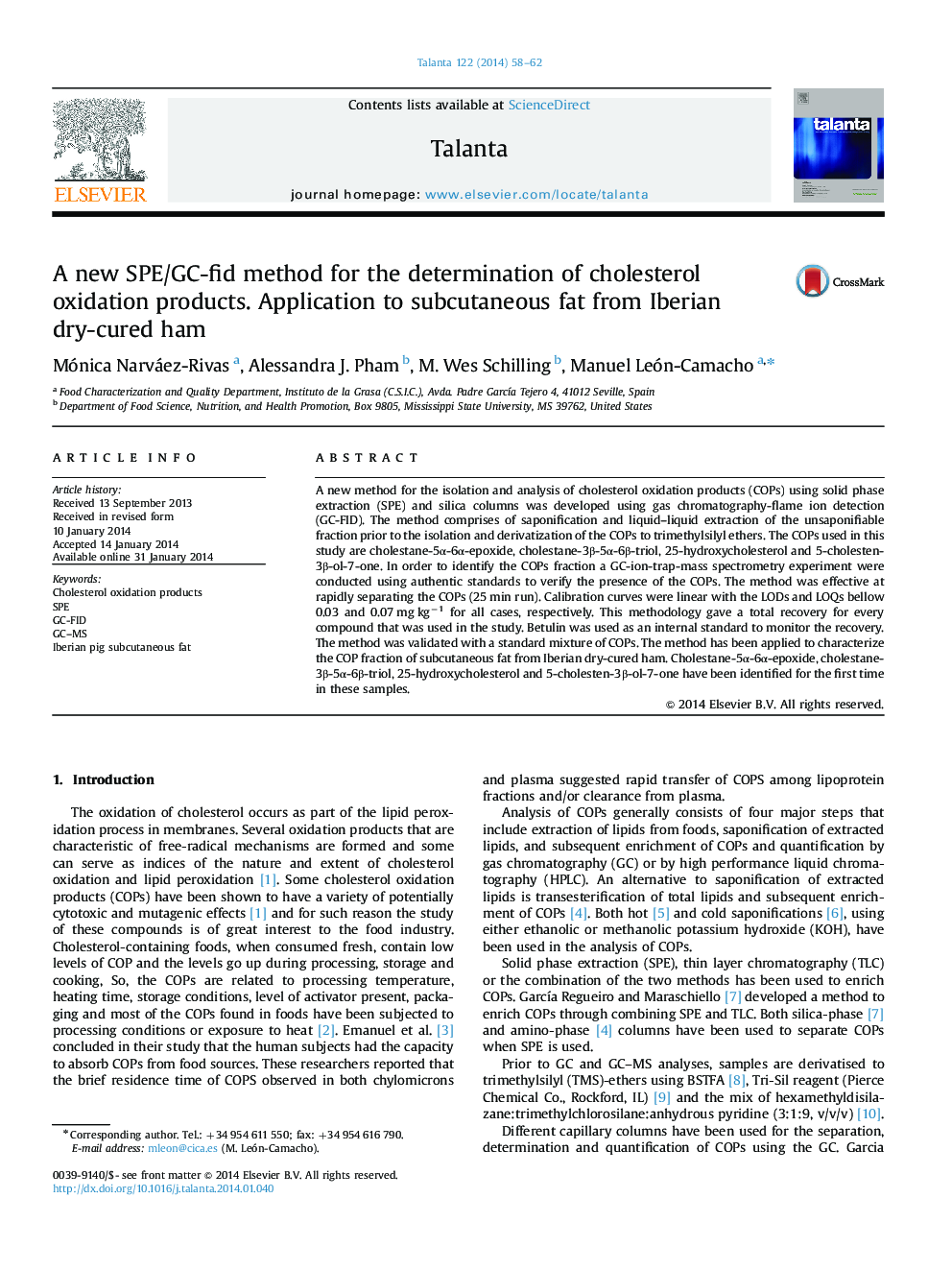 A new SPE/GC-fid method for the determination of cholesterol oxidation products. Application to subcutaneous fat from Iberian dry-cured ham