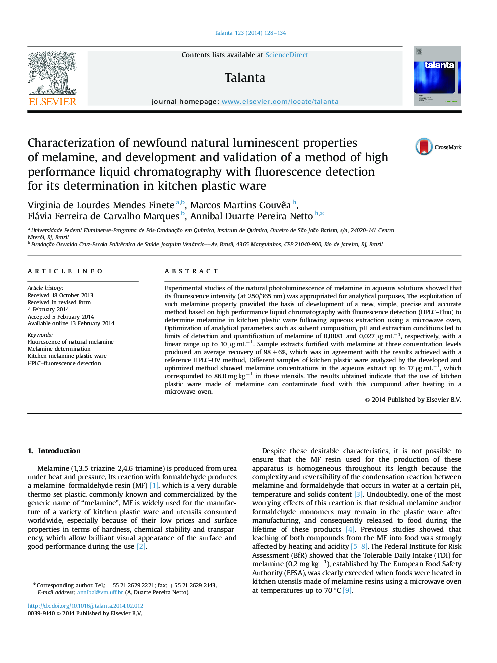 Characterization of newfound natural luminescent properties of melamine, and development and validation of a method of high performance liquid chromatography with fluorescence detection for its determination in kitchen plastic ware