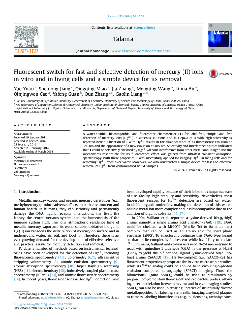 Fluorescent switch for fast and selective detection of mercury (II) ions in vitro and in living cells and a simple device for its removal