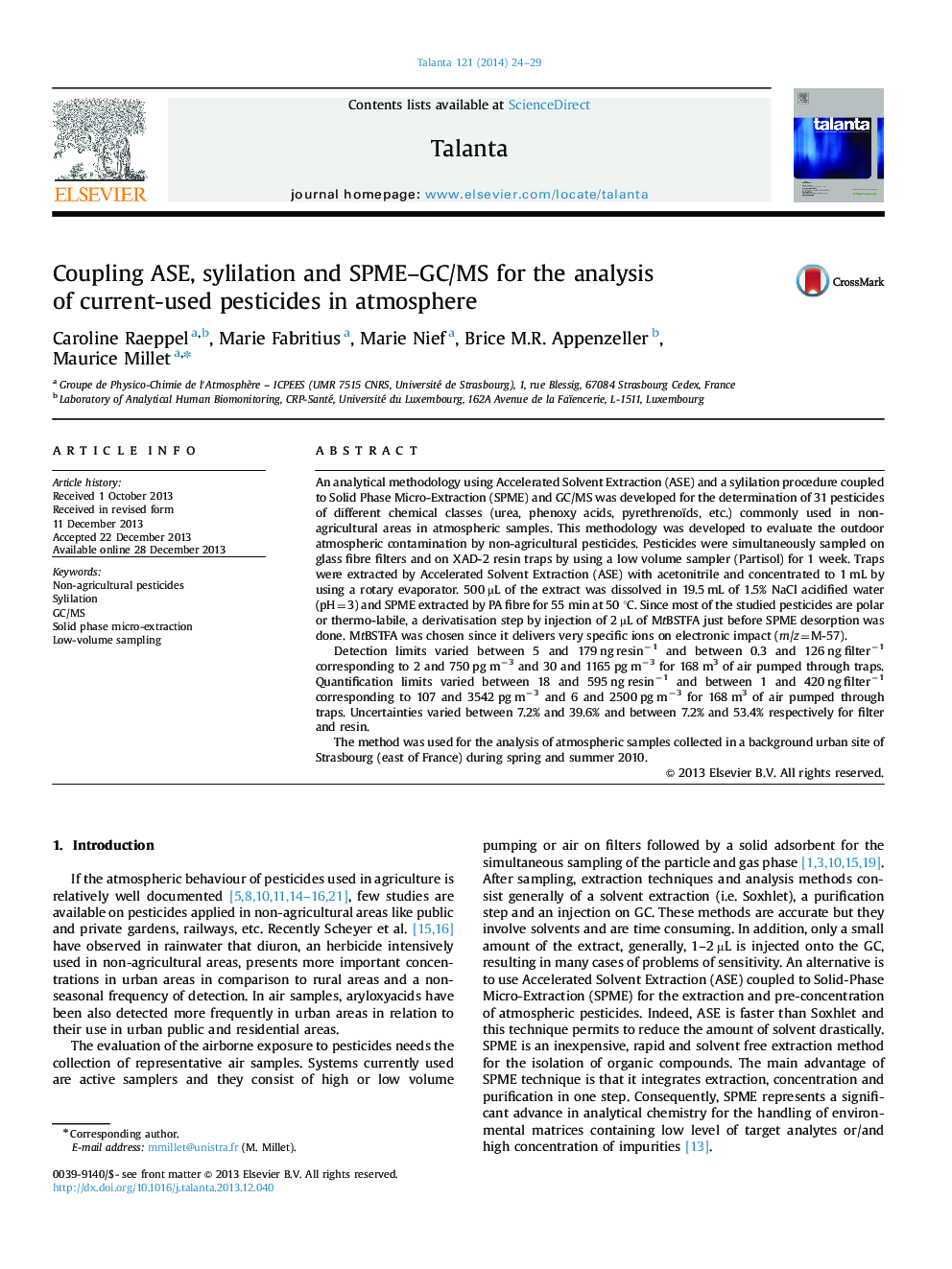 Coupling ASE, sylilation and SPME-GC/MS for the analysis of current-used pesticides in atmosphere