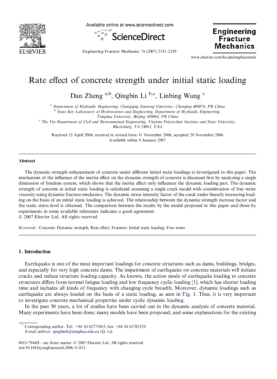 Rate effect of concrete strength under initial static loading